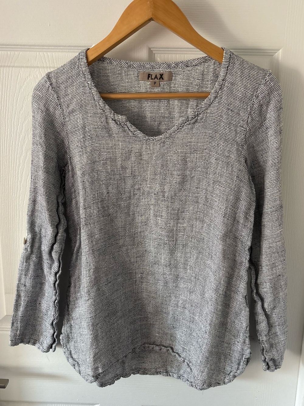 FLAX 100% Linen Roll-Tab Sleeve Tunic Top Pinstripe Gray White Size P